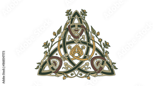 Earthy Toned Triquetra Trinity Knot Symbol with Leaves, Organic Celtic Religious Design on an Isolated White Background
