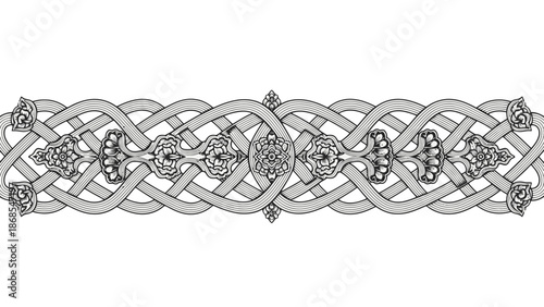 Greyscale Celtic Knot Border with Intricate Woven Pattern and Floral Berry Clusters, Traditional Decoration on an Isolated White Background