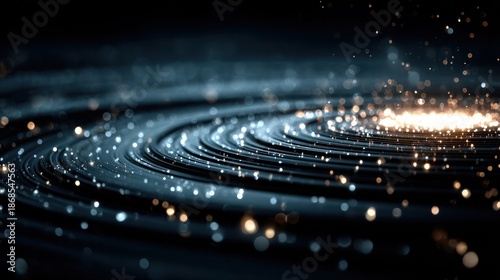 High-Tech Abstract Background with Glowing Particle Flow on Circular Wave Patterns.  A sleek abstract composition perfect for modern technology, AI, and innovation-focused visuals.