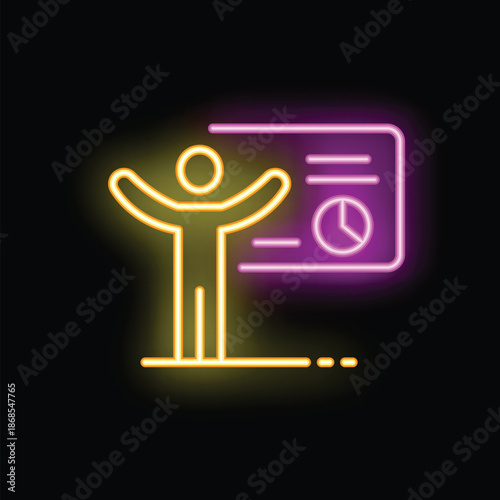 Neon sign icon of a businessman giving a presentation in front of a board with charts and pie graphs