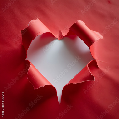 Dramatic Torn Red Paper Revealing Heart-Shaped Hole with White Background Symbolizing Broken Heart, Vulnerability and Love Discovery