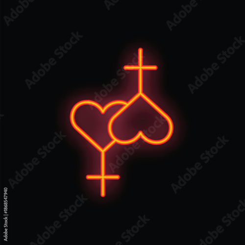 Red neon sign showing the symbol for lesbian couple with two hearts intertwined