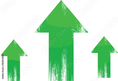 Three green arrows pointing upwards with grunge texture showing financial growth success business profit and positive trend on white background.