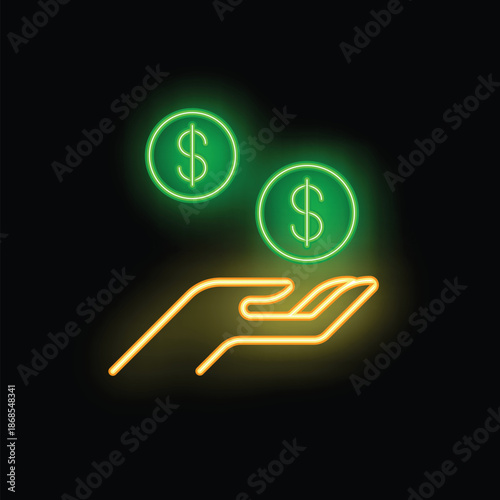Neon sign of a hand catching dollar coins symbolizing earning or receiving money
