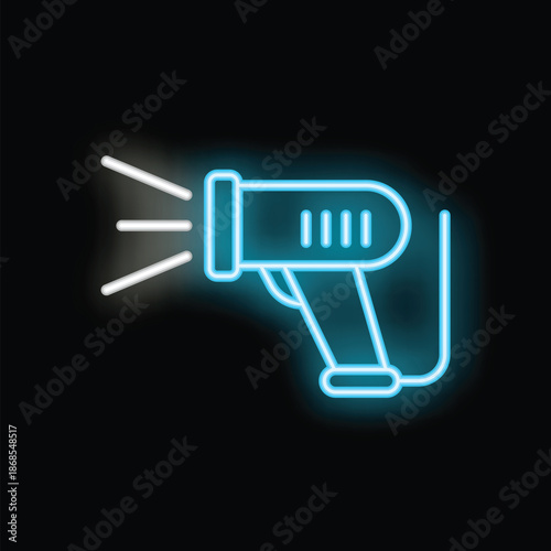 Neon blue icon of a barcode scanner emitting a white beam of light