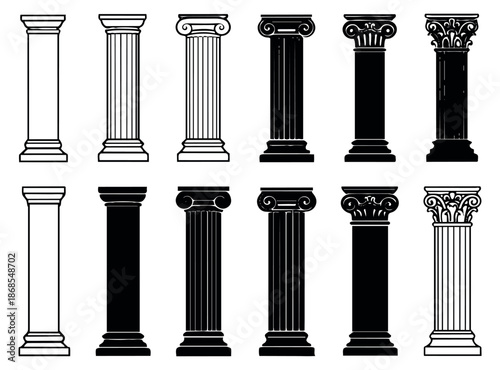 Hand drawn line art and silhouette classical columns set featuring doric, ionic, and corinthian orders for architectural design