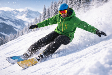 A man riding on a snowboard close-up, empty space, winter, games, entertainment, snow, banner, layout, photo background, template, advertising
