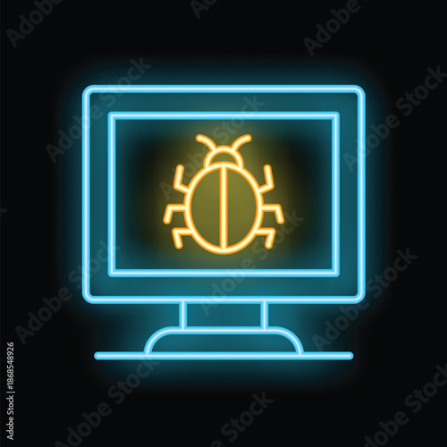 Neon computer monitor showing a bug icon, representing software malfunctioning or cyber attack