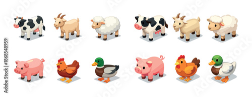 Colorful cartoon farm animals collection with cows, pigs, ducks, and chickens