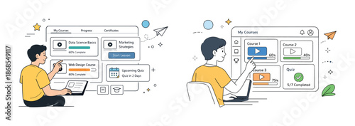 Young asian male engaging with online learning platform dashboard for courses and quizzes