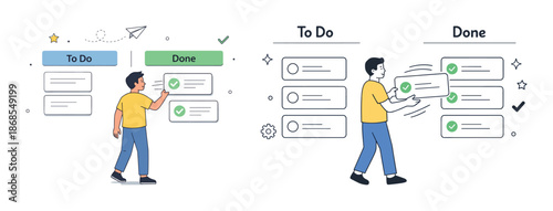 Young male task management illustration: progress from to-do to done