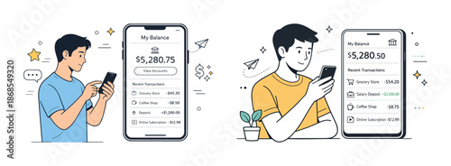 Young adult men using banking app on smartphones for finance management