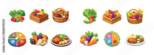 Healthy produce and meal variety with fresh fruits and vegetables in colorful arrangements