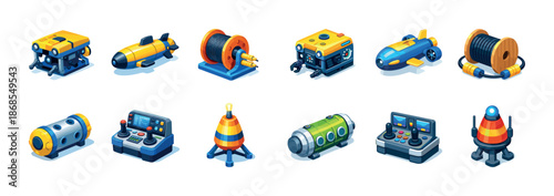 Collection of colorful submarine equipment and remote control devices on white background