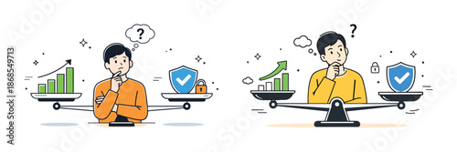 Asian male weighing growth and security on balancing scales