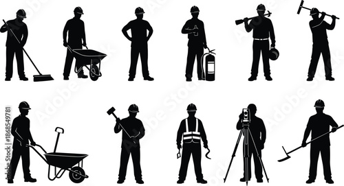Silhouettes of construction workers with safety helmets and vests performing diverse industrial tasks including sweeping, surveying, hammering, teamwork and equipment handling