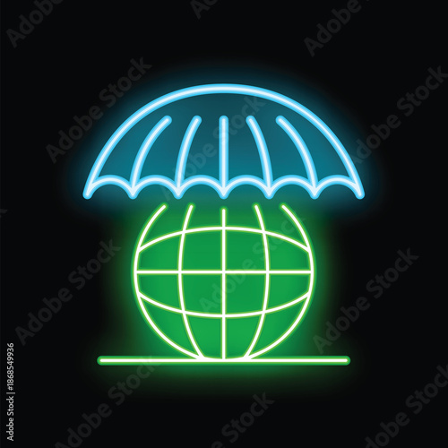 Glowing neon line umbrella protecting earth globe icon isolated on a black background, vector illustration