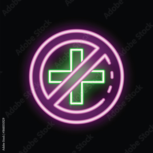 Neon sign is glowing on a black background, showing a medical cross with a cross over it