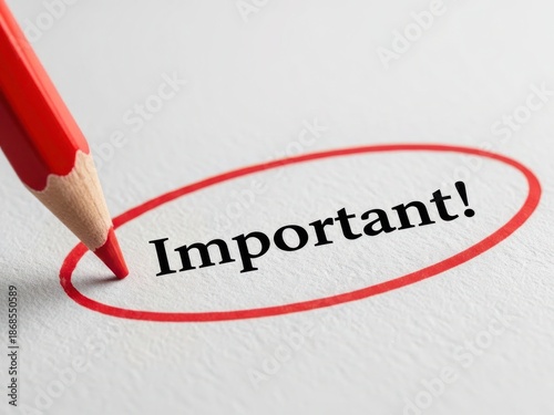 Red Pencil Circling the Word Important on White Paper, Emphasis, Priority and Highlight Concept Illustration