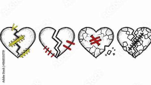 Four broken hearts with different stages of repair and damage.