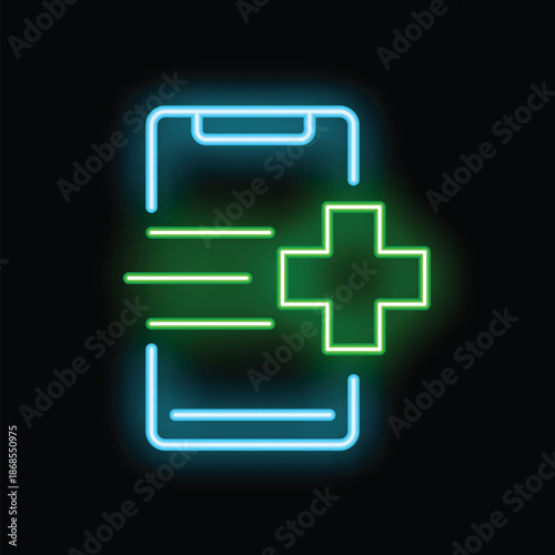 Neon blue mobile phone with a green medical cross, representing online healthcare services