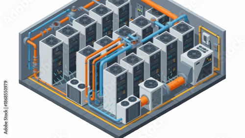 Isometric illustration of data center server racks with cooling systems.