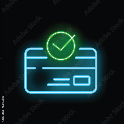 Glowing neon icon of a checkmark hovering above a credit card, representing successful online payment or shopping