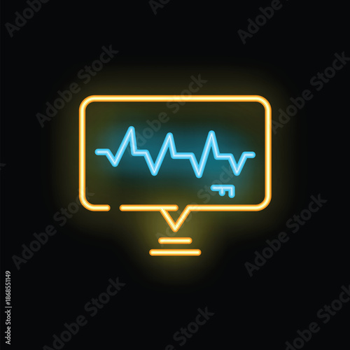 Glowing neon line icon of a heart rate measurement displayed on a monitor, representing vital signs