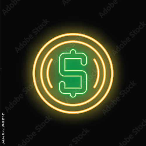 Bright neon sign representing a coin showing a dollar currency symbol for business glowing on a wall at night