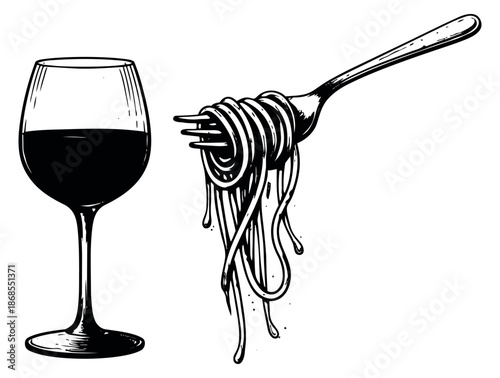 Hand drawn line art dining set featuring a glass of red wine and spaghetti on a fork for a restaurant menu