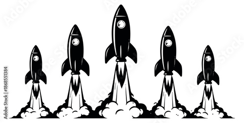 Hand drawn line art rocket set featuring rockets launching with smoke plumes for startup and innovation