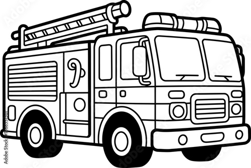 Black and white of a fire truck with a ladder on vehicle