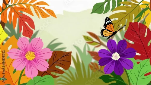 Whimsical jungle scene with colorful flowers and a butterfly nature illustration