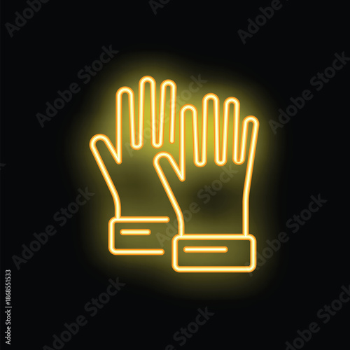 Yellow neon glowing icon of work gloves, emphasizing safety and protection in professional settings
