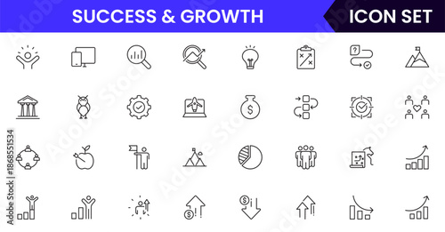 Success and growth icons illustrating achievement, progress, goals, upward trends, motivation, milestones, performance, strategy, and development.