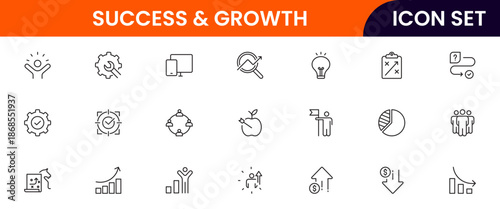 Success and growth icons illustrating achievement, progress, goals, upward trends, motivation, milestones, performance, strategy, and development.