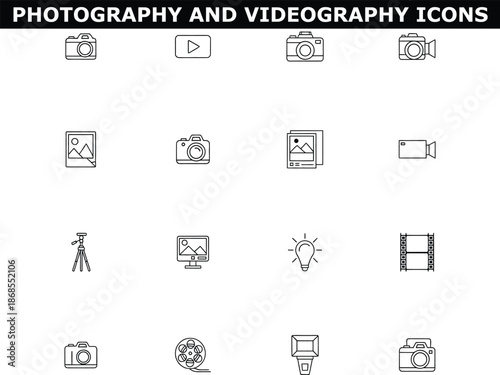 A collection of photography and videography icons on a clean white background