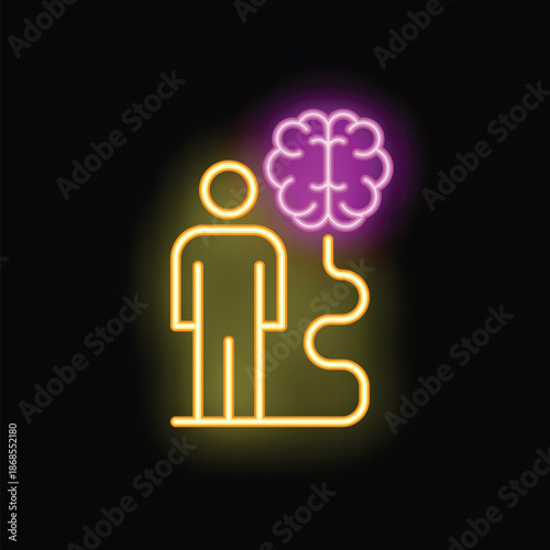 Neon sign of a person standing on a path leading to a bright glowing brain, symbolizing the journey of self improvement and growth