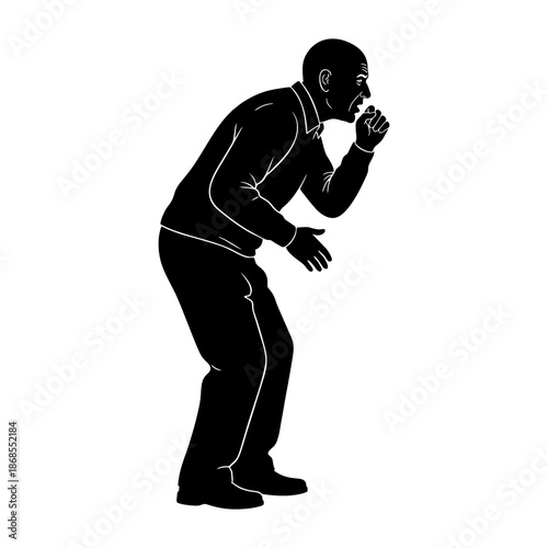 silhouette of a man coughing against a white background