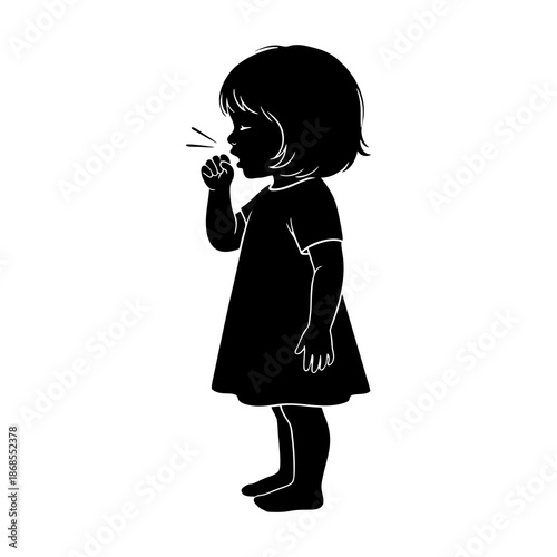 Silhouette of a little girl coughing against a white background