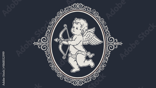 White cherub with bow and arrow in ornate oval frame on dark background.
