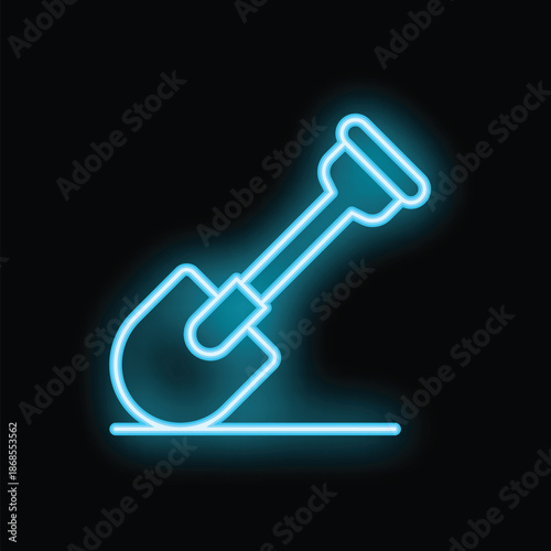 Blue neon icon of a shovel digging the ground, shining on a dark background
