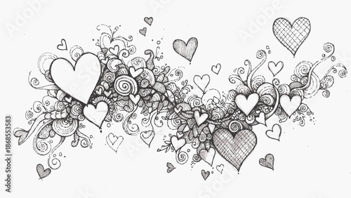 Whimsical Hand Drawn Hearts and Floral Elements in Black and White.