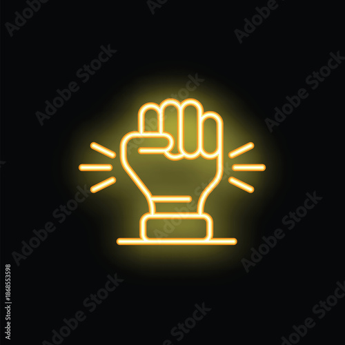 Glowing neon sign of a clenched fist on a black background