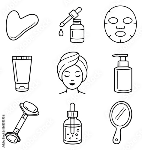 Line art beauty and skincare set featuring a gua sha, facial roller, serum bottles, face mask, and a woman with a towel for wellness