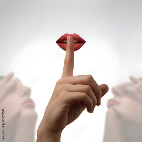 Surreal Close-Up of Finger Pressed to Lips Lip Print Artwork Shushing Gesture Concept for Silence, Secrecy and Mystery
