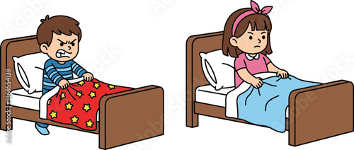 Angry children sitting in beds refusing sleep bedtime routine cartoon vector illustration for kids education parenting behavior concepts design use
