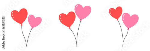 Tied heart-shaped balloons. A bunch of balloons PNG. Decorations for Valentine’s Day.
