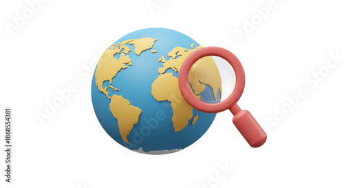 3d icon of a 3d illustration of a globe with a magnifying glass, isolated on transparent background