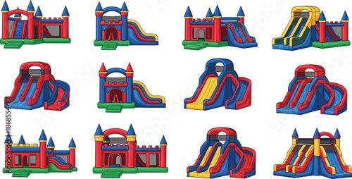 Cute inflatable bounce house playground set colorful bouncy castle slides vector illustration for kids party event rental design collection icons